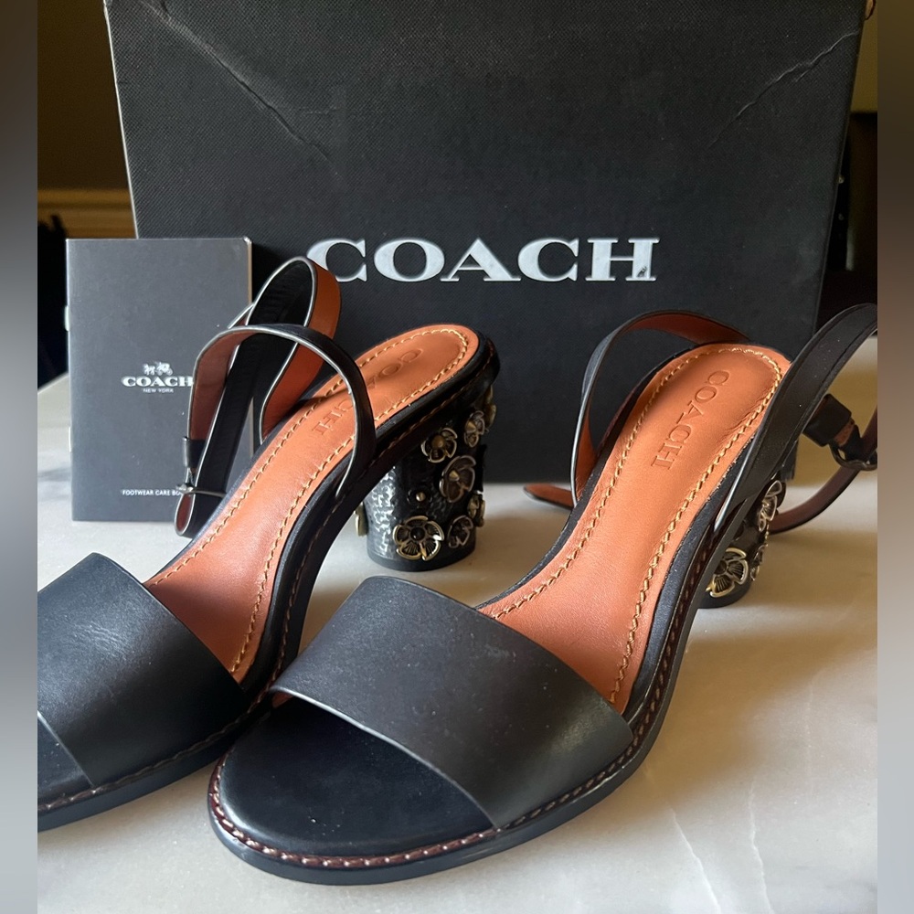 🥀 Coach Tea Rose Black Heels/Sandals - Picture 2 of 16